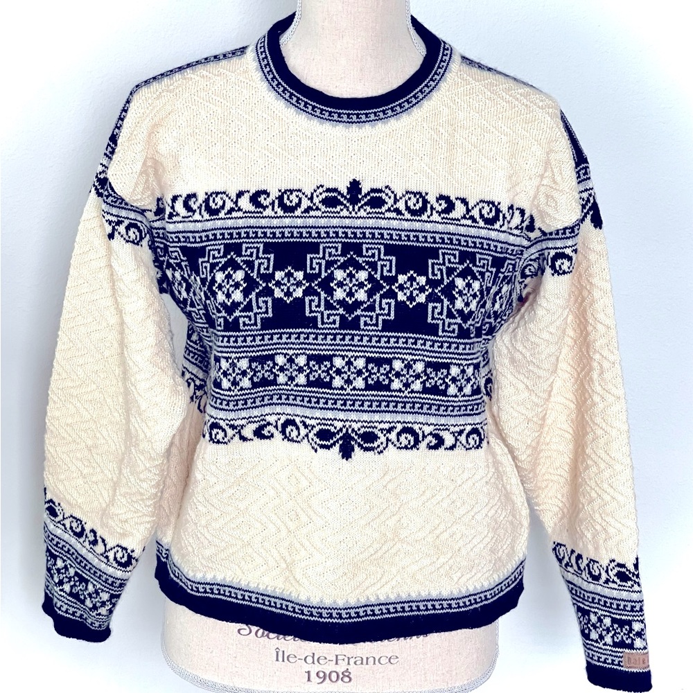 Dale of Norway Nordic Blue Cream Fair Isle Snowflake Wool Pullover Sweater
